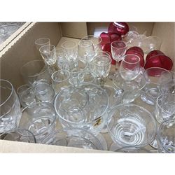 Quantity of 19th century and later glassware, including a small number of probable 18th century examples with later cut decoration, including cranberry glass etc