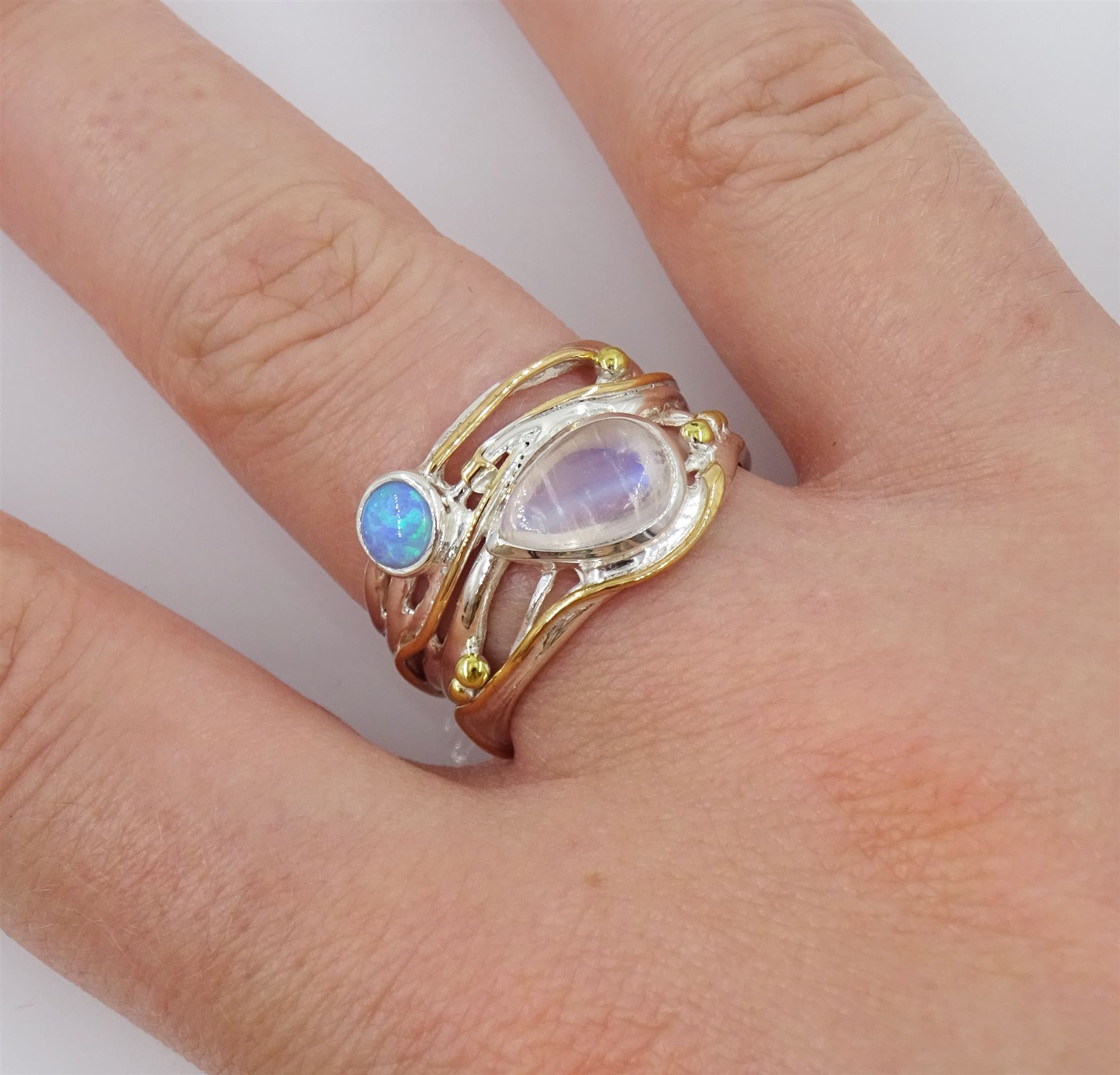 Silver and 14ct gold wire moonstone and opal ring, stamped 925