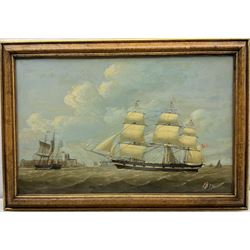 William Griffin of Hull (British fl.1837-1883): 'Whaling Ships Jane and Harmony off the Port of Hull with Holy Trinity Church in the distance', oil on panel signed and indistinctly dated 1837 l.l., labelled verso with history of ships 50cm x 79cm
Provenance: private collection purchased Christies 26th May 2004 Lot 603; with Colin Denny Ltd. Specialists in marine works of Art, Chelsea Green, London; probably painted to celebrate the end of the Jane's whaling career and the survival of both vessels from the severe conditions of the 1836 season where the 'Middleton' was wrecked, the 'Jane' was known as a Bethel ship having frequent religious services on board conducted the mate/preacher Stephen Wilson. Illustrated in Marine Painting in Hull Through Three Centuries' by Arthur Credland pub. Hull City Museums 1993, pp. 168