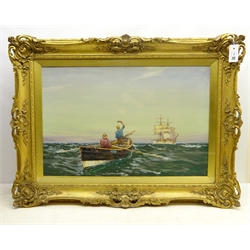  Ernest Dade (Staithes Group 1864-1934): Scarborough Coble and a Tall Ship (Scandinavian Timber Boat ?) in the South Bay, watercolour and gouache laid on canvas signed 49cm x 74cm in fine swept gilt frame  
