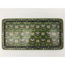 20th century Chinese cloisonne enamel smoking set, comprising two ashtrays, box and tray, with floral and foliate scrolling on green ground
