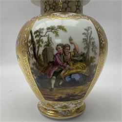 Pair of late 19th century Helena Wolfsohn vases and covers, each of baluster form with domed cover, painted with alternating panels of romantic scenes and floral sprays upon gilt ground, with Augustus Rex mark to base, H27cm