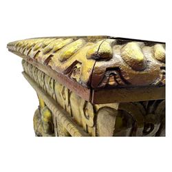 19th century Renaissance Revival carved and giltwood centre table, the rectangular top with gadrooned edge and carved frieze of repeating arched motifs with stylised scrolls, supported by a pair of carved winged griffin supports restrained by a central chained figure, on stepped rectangular bases united by carved stretcher