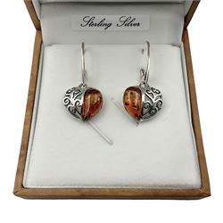 Pair of silver Baltic amber heart pendant earrings, stamped 925, boxed 