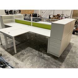 Modular four desk office system - comprising four desks, four returns, four filing drawer cabinets and two screens. Desk dimensions W160cm, D80cm, H73cm, pedestal dimensions W42cm, D80cm, H120cm - THIS LOT IS TO BE COLLECTED BY APPOINTMENT FROM DUGGLEBY STORAGE, GREAT HILL, EASTFIELD, SCARBOROUGH, YO11 3TX
