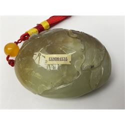 Chinese hardstone carving of a fish amongst coral, with platted rope handle, together with other hardstone and soft stone carvings  