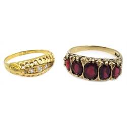  Victorian 18ct gold five stone diamond ring and five stone garnet ring, hallamrked 9ct   