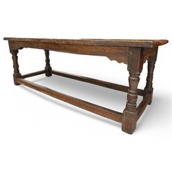 Charles I rectangular joined oak and elm refectory table, the frieze carved with repeated arch motifs, pearwood top above four turned supports united by horizontal stretcher, first half 17th century
Provenance: Purchased from Thorpe & Foster of Dorking in 1971
