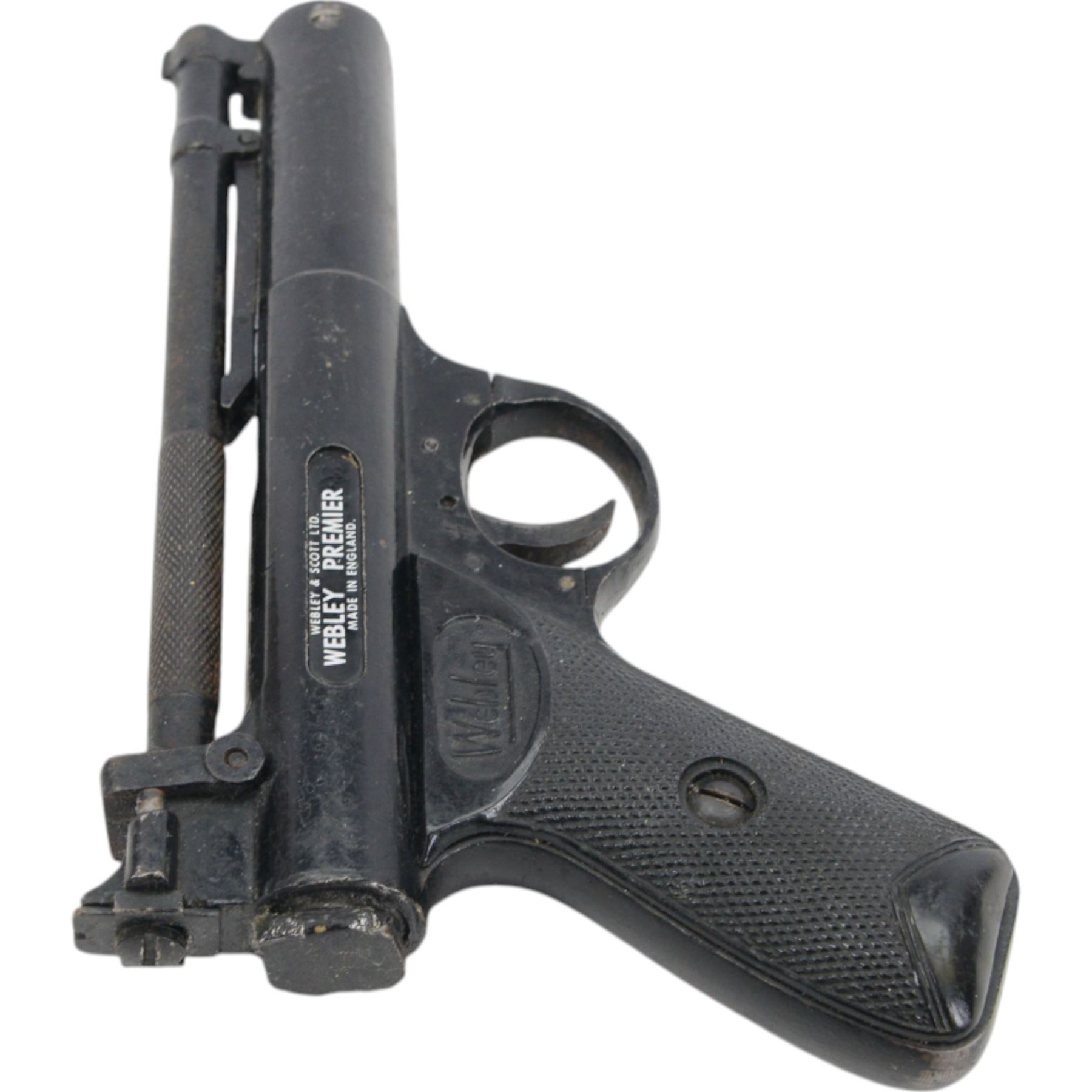Webley Premier .22 air pistol, batch 947, Series E with 5 pin trigger block, the air chamber marked Webley & Scott Ltd, Webley Premier, Made in England, with checkered grip, H14cm, L19cm