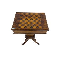 Victorian walnut work table, the rectangular hinged top inlaid with a chessboard design, canted edge with alternating ebony and satinwood inlays, concealing fitted interior, banded and strung frieze over tapering column well, collar carved with foliate decoration, on a cabriole tripod base