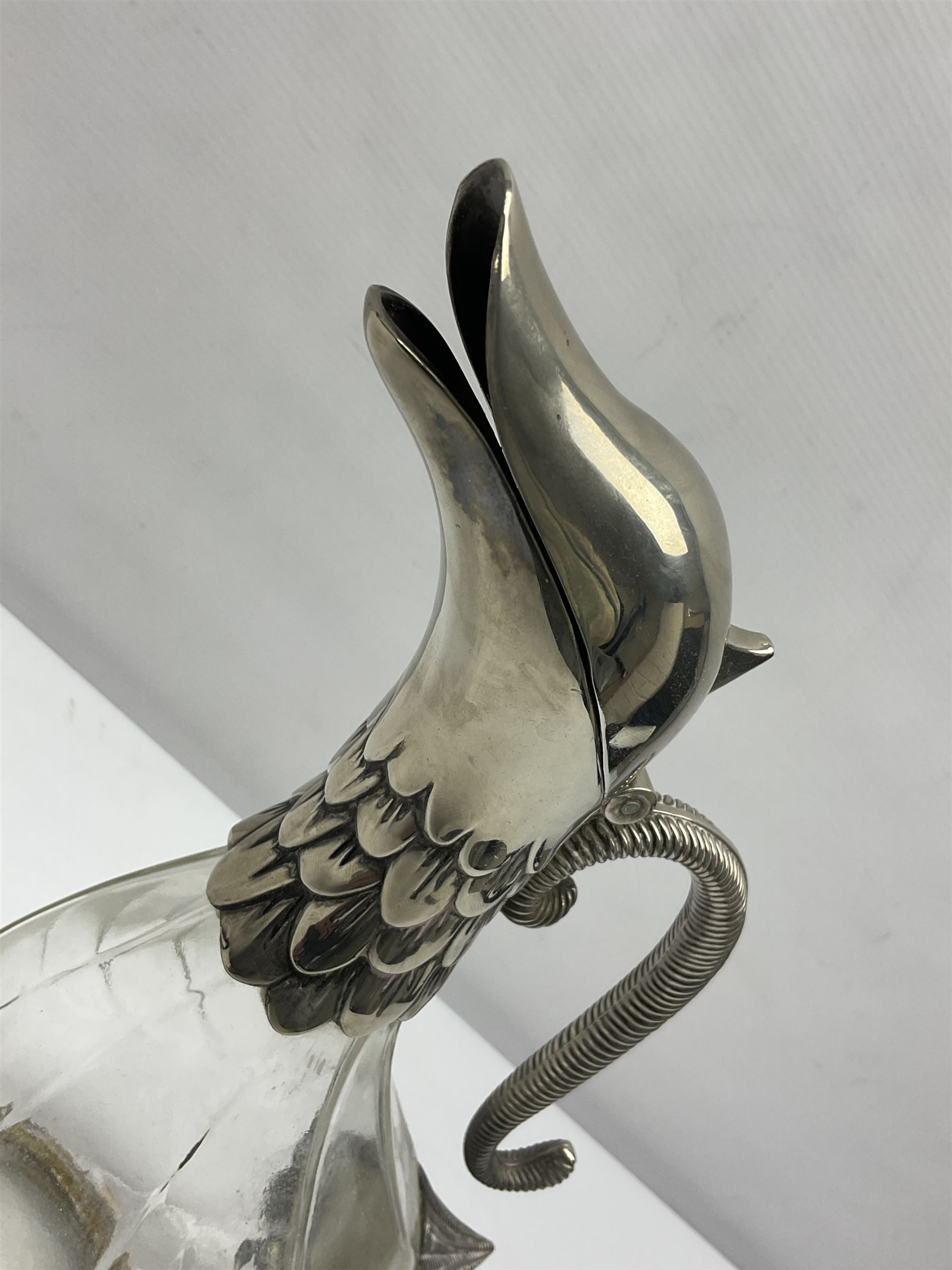 Silea silver plate mounted glass claret jug, in the form of a duck, with makers mark beneath, H26cm