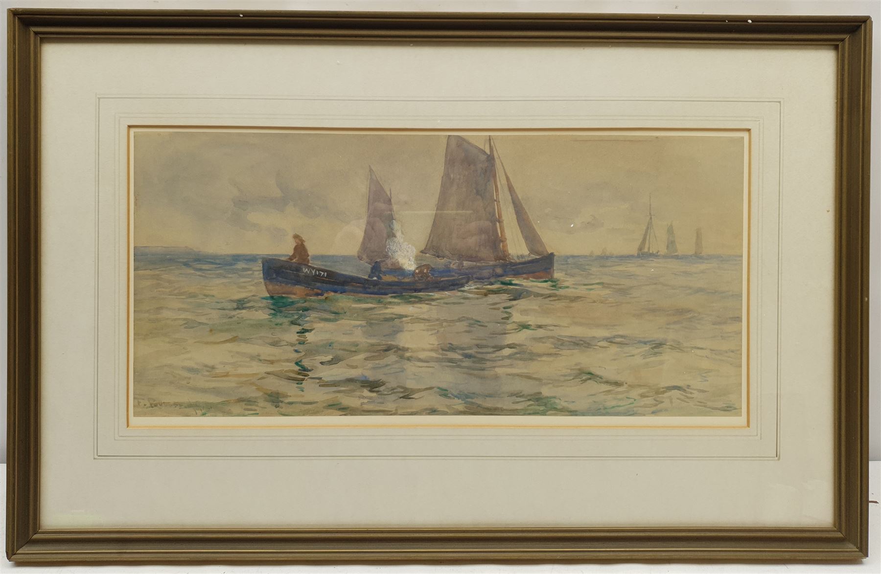 Frank Rousse (British fl.1897-1917): Whitby Cobles off the Coast, watercolour signed and dated '98, 24cm x 50cm