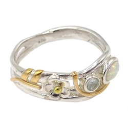 Silver opal and aquamarine open work design ring, stamped 925