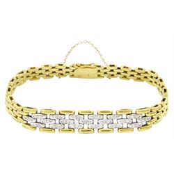Gold brick link bracelet, the central white gold section set with pave set diamonds, stamped 750