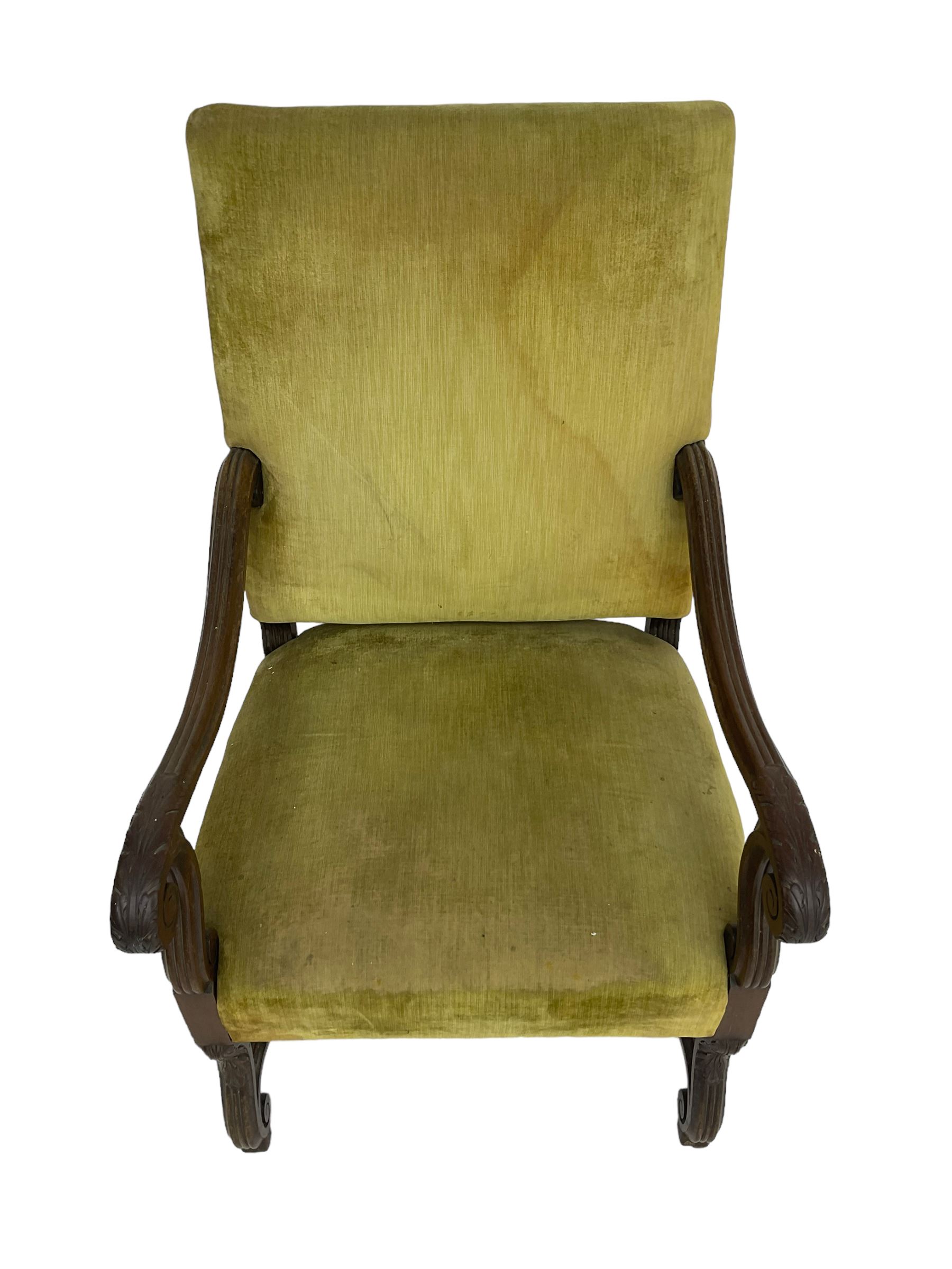 Early 20th century Carolean design mahogany framed throne chair, back and sprung seat upholstered in sage green fabric, scrolled amd reeded arms with carved oak leaf design, shaped supports with scroll feet united by waived stretchers