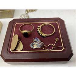 Gold black onyx ring, gold cufflink and pair of crystal earrings, all 9ct, silver-gilt stone set ring and a collection of costume jewellery, to include two Rotary watches, broaches, necklaces, etc, together with silver plate flatware and other collectables