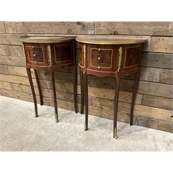 Pair French Louis XVI design demi lune side table, three drawers, on shaped cabriole legs