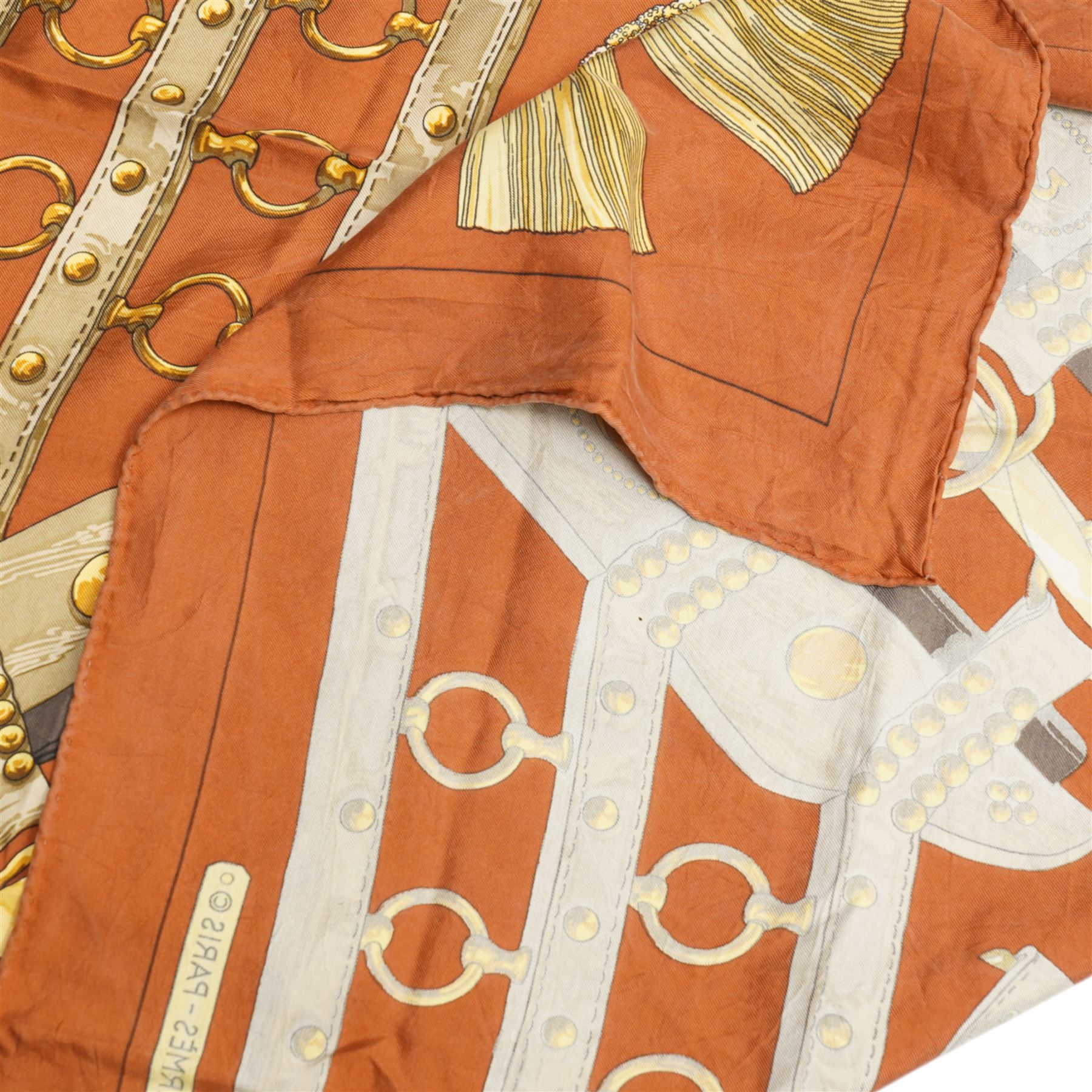 Hermes 'Aux Champs' silk scarf, in ochre and gold colourway, designed by Cathy Latham, 84cm x 86cm 