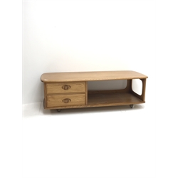Ercol light elm 'Minerva' long rectangular coffee table fitted with two drawers on castors, 125cm x 54cm, H41cm