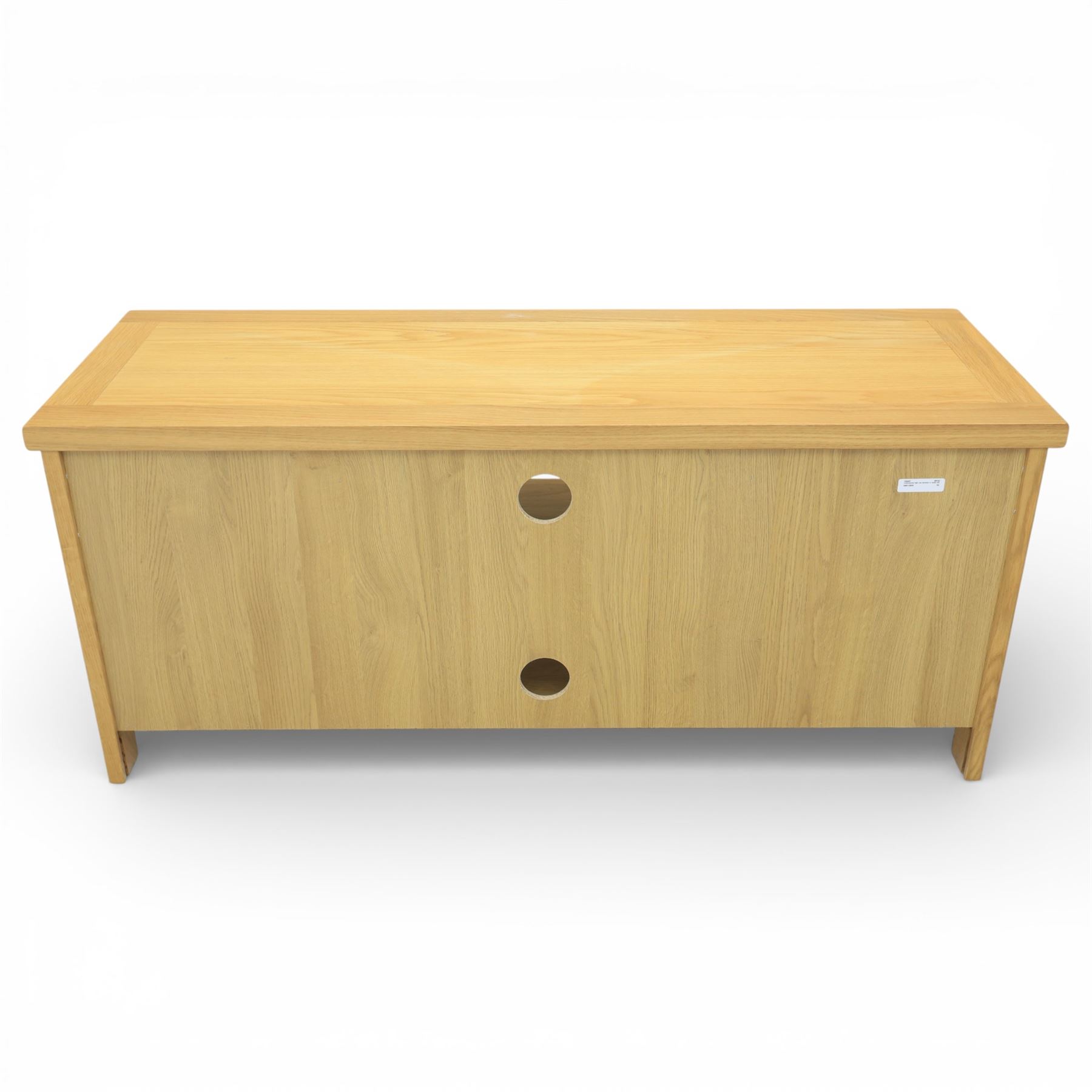 Contemporary oak television media cabinet, rectangular top fitted with two cupboards and central open shelf