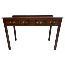 Georgian design mahogany side or dressing table, moulded rectangular top over three cock-beaded drawers, on square fluted supports