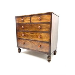Victorian mahogany chest, fitted with two short and three long drawers, raised on turned supports 