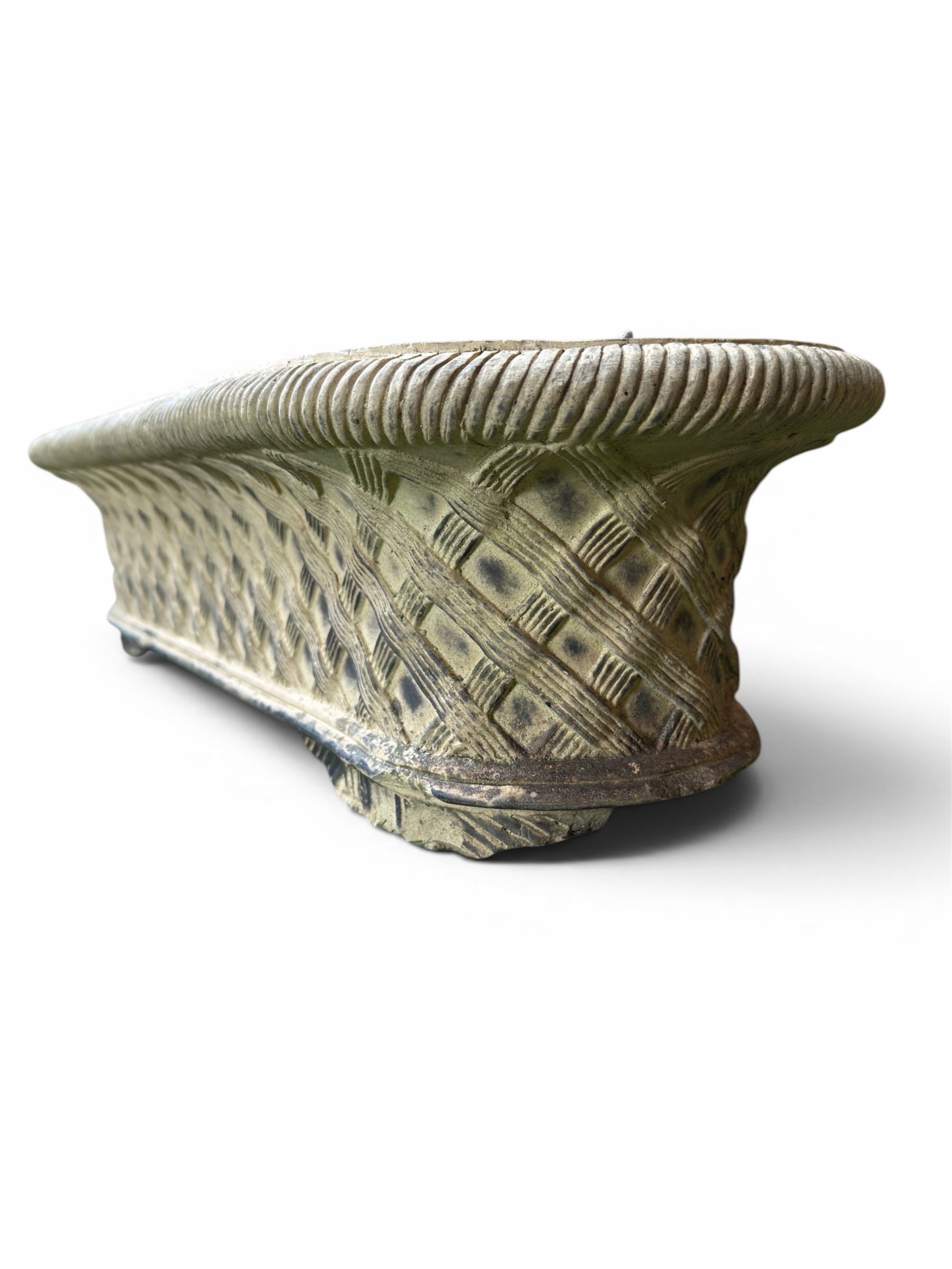 Mid-20th century terracotta oval lattice shallow planter - design after James Pulman & Son