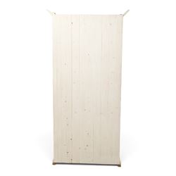 Traditional white painted pine display cabinet, projecting cornice above two glazed doors enclosing five fixed shelves, tongue and groove back raised on a plinth base