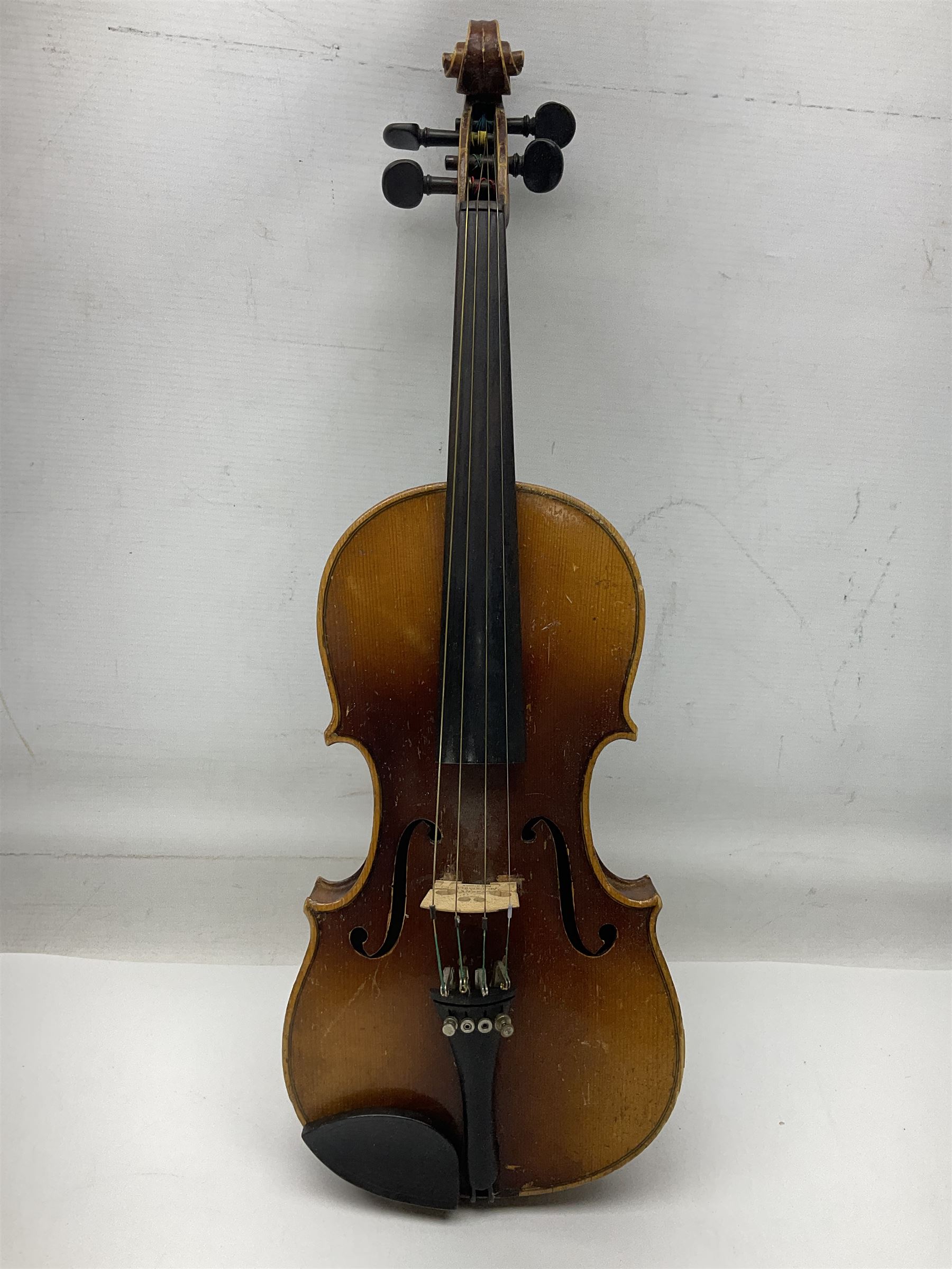 Two three-quarter size violins - German Saxony with 34cm one-piece maple back and ribs and spruce top; L56cm overall; and Hungarian with 34cm two-piece maple back and ribs and spruce top; L56cm overall; each in carrying case with bow (2)