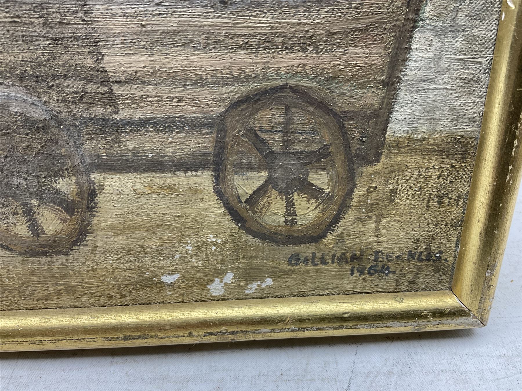 Gillian Beckles (Naive British School 1918-2016): 'Gypsy Camp', oil on canvas signed and dated 55cm x 70cm