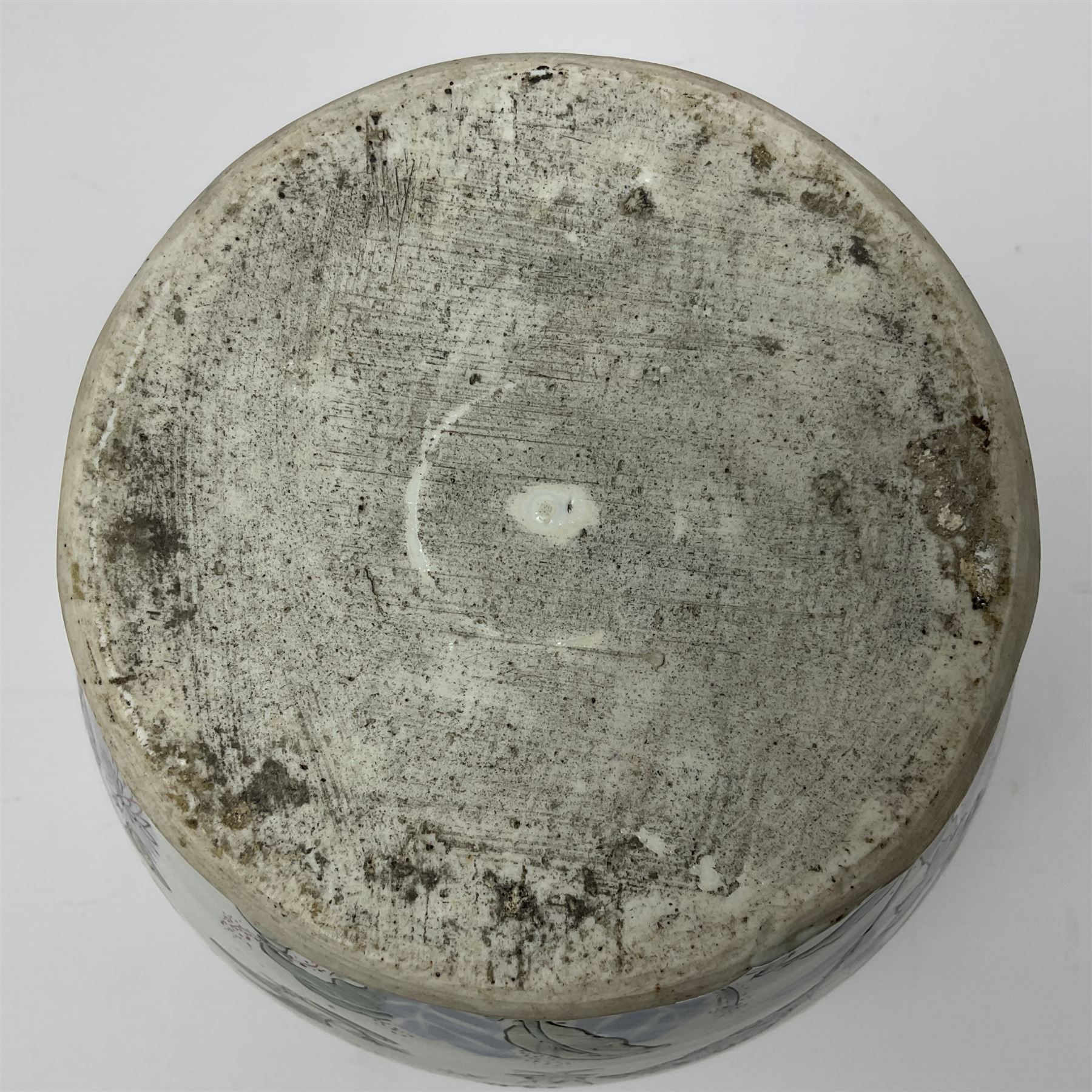 19th century Chinese Wucai vase and cover, decorated  with peacock on blue rockwork and other birds flying amongst tree peonies, H43cm