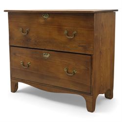 18th century style oak mule chest, the hinged rectangular top opening to a plain interior, above a lower section fitted with two long drawers with brass swan neck handles and shaped escutcheons, upon shaped bracket feet