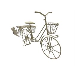Small wrought metal garden bicycle planter, white painted finish 
