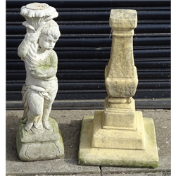  Composite statue of boy holding a floral bouquet (H82cm) and a composite stone tapering pedestal on square base (H76cm) (2)  