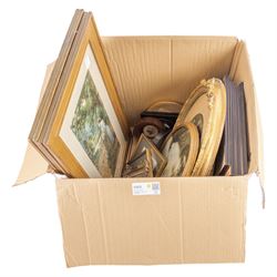 Mixed decorative framed prints and photographs, silhouettes, engravings etc, in one box