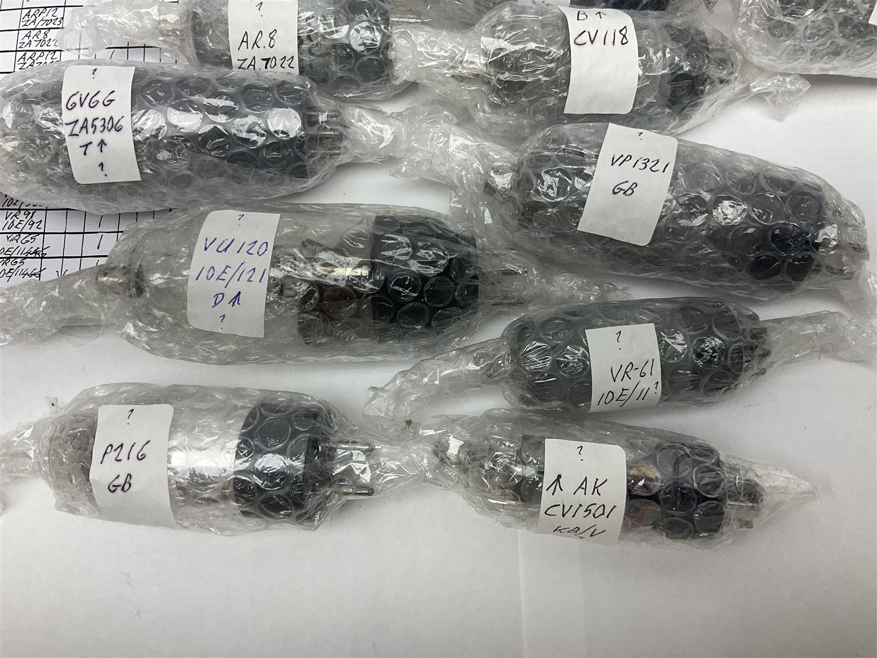 Collection of thermionic radio valves/vacuum tubes, of various makes and models, including PX4, U12, VR65 I0E/II446, PL504, CV1501 etc, approximately 60 as per list, unboxed