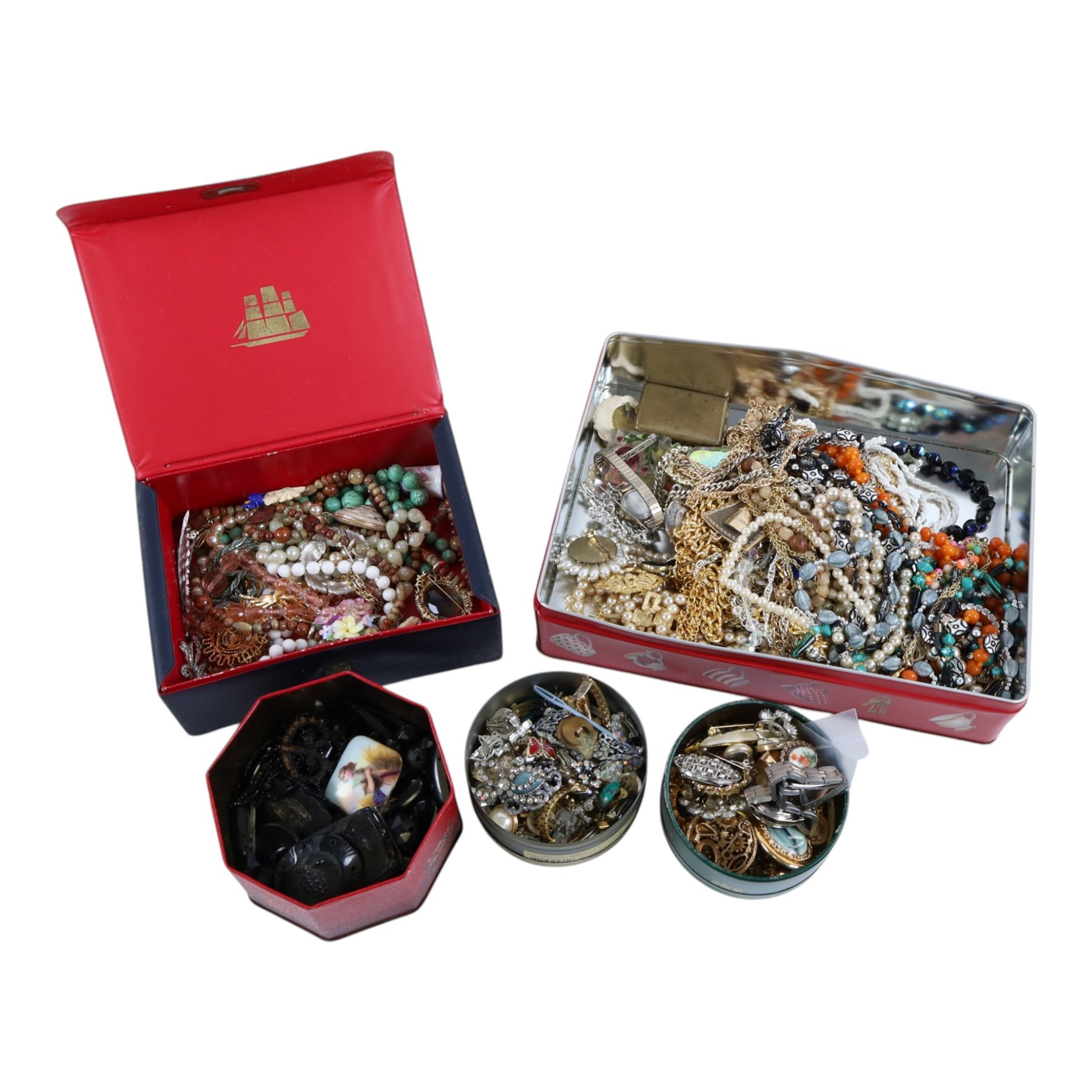 Collection of costume jewellery, including earrings, beaded necklaces brooches, etc, in various vintage tins