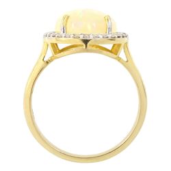 14ct gold opal and diamond cluster ring, single cabochon cut opal of approx 2.80 carat, with round brilliant cut diamond surround, stamped, total diamond weight approx 0.35 carat