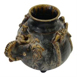 Large Thai vase decorated with relief figures and elephants, together with two smaller examples