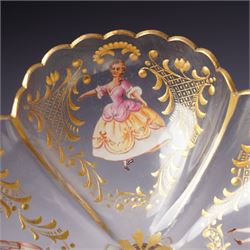 Lobmeyr style tazza, of quatrefoil form with painted enamel figures, H12cm 