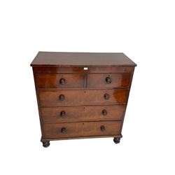 Late 19th century mahogany straight-front chest, fitted with two short and three graduating long drawers, all with cockbeading, raised on turned supports