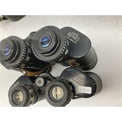 Nine cased pairs of binoculars to include Lieberman & Gortz 12x50, Frank Nipole 8x56, Uniscope, Hoya mark II 8x40, Porst 8x56 etc
