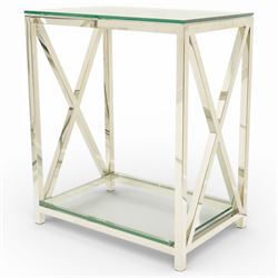 Pair of modern chrome lamp tables, rectangular plate glass top on polished chrome frame, the sides formed with X-frame stretchers, raised on square supports with lower glass tier 
