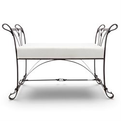 And So To Bed - 'Handel' wrought iron window seat, the rectangular upholstered seat enclosed by scrolling and arched ends with shaped uprights, on scrolling supports united by curved stretchers