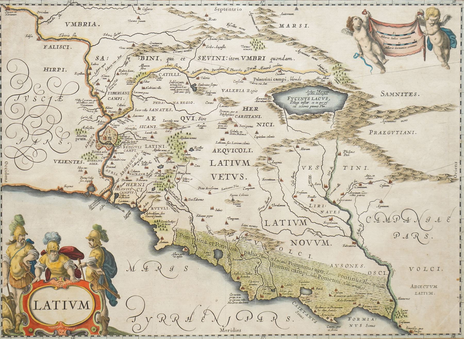 Jan Jansson (Johannes Janssonius) (Dutch 1588-1664): 'Latium', 17th century engraved map of Central Italy and Rome with hand-colouring pub. c.1653, 36cm x 49cm