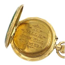 Early 20th century 14ct gold open face keyless cylinder presentation fob watch, white enamel dial with Arabic numerals, the back case with enamelled swallow and rose decoration, stamped 14K, with 9ct gold enamelled bar brooch stamped 9c