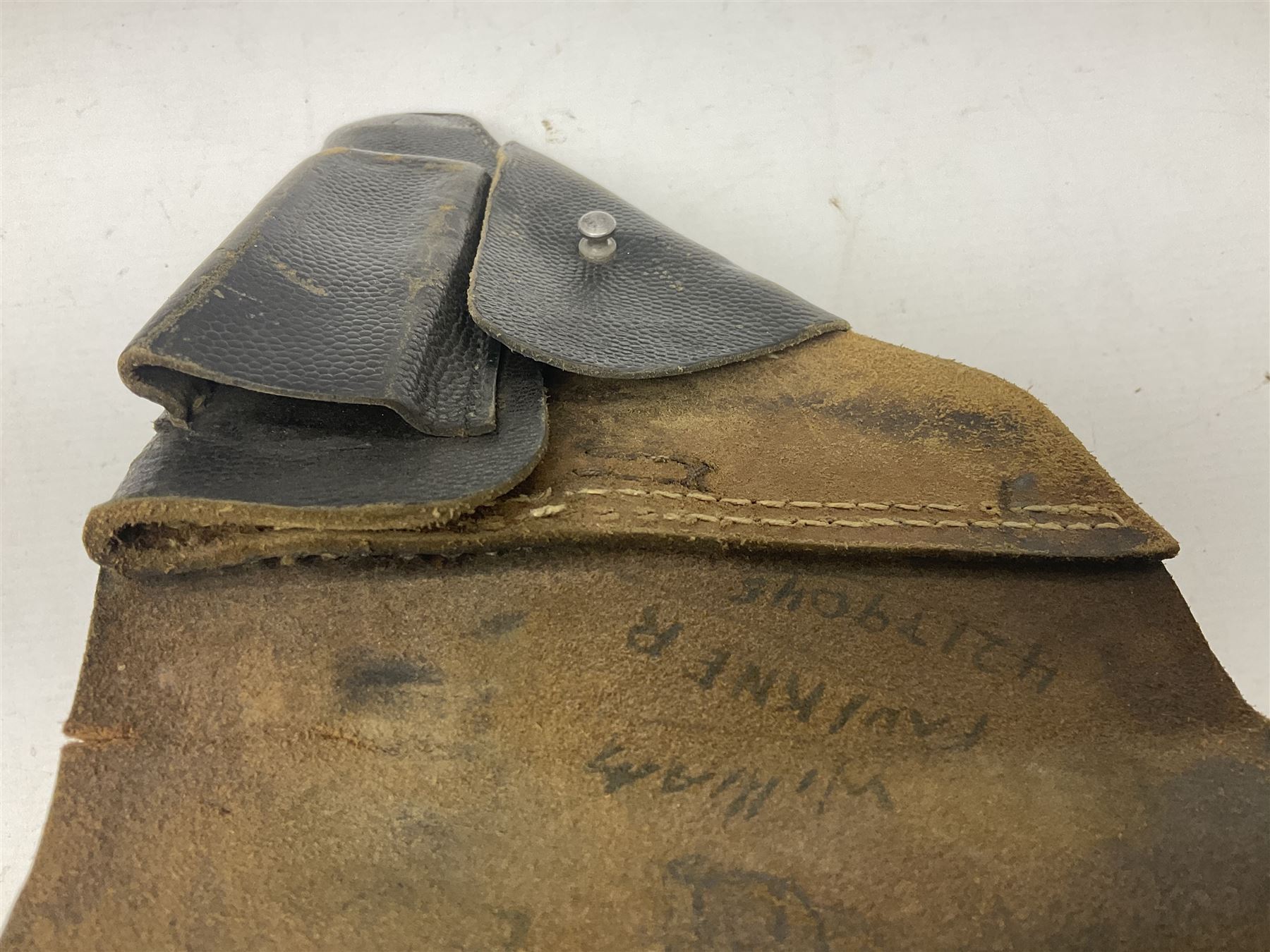 WW2 German P38 auto pistol leather holster with magazine pouch; marked P38 verso and CXB 4 H24cm
