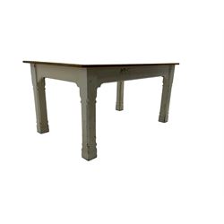 Early 20th century oak school dining table, rectangular top with linoleum surface, raised on white painted square chamfered supports 