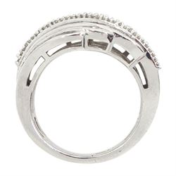 9ct white gold six row baguette cut diamond ring, hallmarked