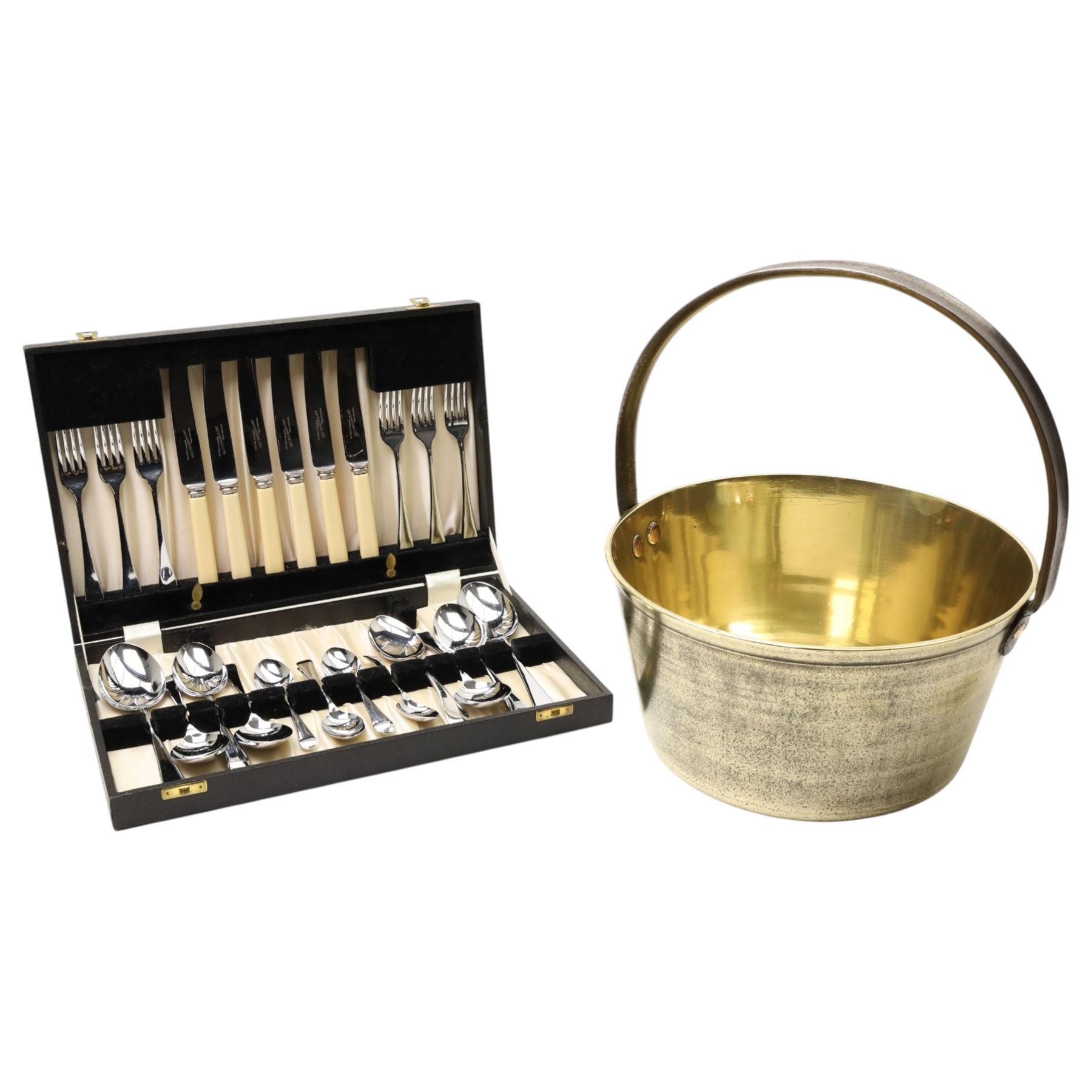 Brass preserve pan with loop handle D29cm and canteen of chromium plated cutlery